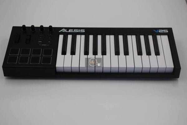 Alesis V25 USB MIDI Keyboard Brand Alesis Number of Keys 25 Connectivity Technology USB Special Feature Velocity Sensitive Keys, Keyboard Controller Model Name V25 About this item MIDI Keyboard with 25 full-sized, velocity sensitive square-front keys, perfect for playing Virtual Instruments 8 velocity- and pressure-sensitive backlit pads for beat production and clip launching 4 assignable knobs and 4 assignable buttons interface with your music software. Seamless, visual feedback via illuminated buttons and knobs Octave Up and Down buttons let you access the full keyboard range and Pitch and modulation wheels deliver expressive, creative control Premium Software Included - Includes Ableton Live Lite, Xpand 2 virtual instrument software by Air Music Tech and MPC Beats