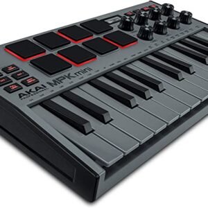 AKAI Professional MPK Mini MK3 AKAI Professional MPK Mini MK3Music Production and Beat Maker Essential – USB powered MIDI controller with 25 mini MIDI keyboard velocity-sensitive keys for studio production, virtual synthesizer control and beat production Total Control of your Production - Innovative 4-way thumbstick for dynamic pitch and modulation control, plus a built-in arpeggiator with adjustable resolution, range and modes The MPC Experience - 8 backlit velocity-sensitive MPC-style MIDI beat pads with Note Repeat & Full Level for programming drums, triggering samples and controlling virtual synthesizer / DAW controls Complete Command of your Virtual Instruments and FX - 8 360-degree knobs assign to all your music studio plugins for mixing, tweaking synth controls and more